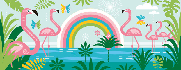 Fototapeta na wymiar Flamingo , rainbow, palm leaves. Cartoon vector illustration, horizontal banner. 