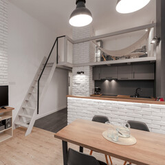 Loft apartment with stairs to mezzanine - obrazy, fototapety, plakaty