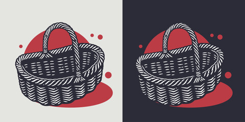 Mushroom picking. Wicker picnic basket for mushrooms fungus, fungi and flowers or vegetables