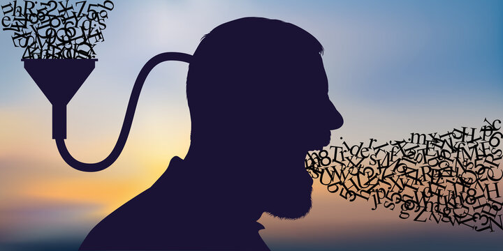 Concept de la manipulation et du lavage de cerveau avec un homme qui parle en r&eacute;p&eacute;tant des informations entr&eacute;es dans sa t&ecirc;te &agrave; l&rsquo;aide d&rsquo;un entonnoir.