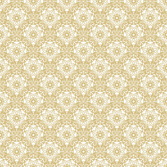 Floral ornament. Seamless abstract classic background with flowers. Pattern with white repeating floral elements. Ornament for fabric, wallpaper and packaging