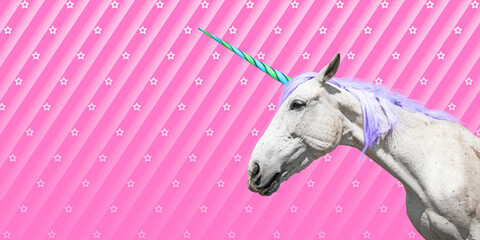 Trendy art collage. Beautiful unicorn on color background, banner design with space for text