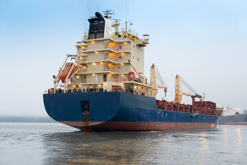 A big cargo ship anchored at the port of Corral in southern Chile.