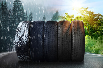 Set of new winter and summer tires on asphalt road, collage