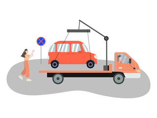 Tow truck take away a car. Woman running the car. Parking is prohibited. Flat vector illustration.