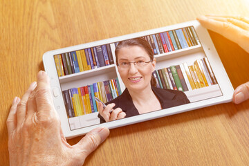 tablet pc woman online tele therapy - obrazy, fototapety, plakaty