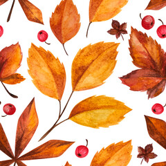autumn yellow leaves and rowan berries seamless pattern watercolor illustration digital paper, print for textile design, scrapbooking, wallpaper. natural background