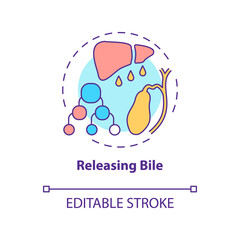 Releasing bile concept icon. Liver function idea thin line illustration. Digestive fluid. Hepatic metabolites excretion. Releasing waste. Vector isolated outline RGB color drawing. Editable stroke
