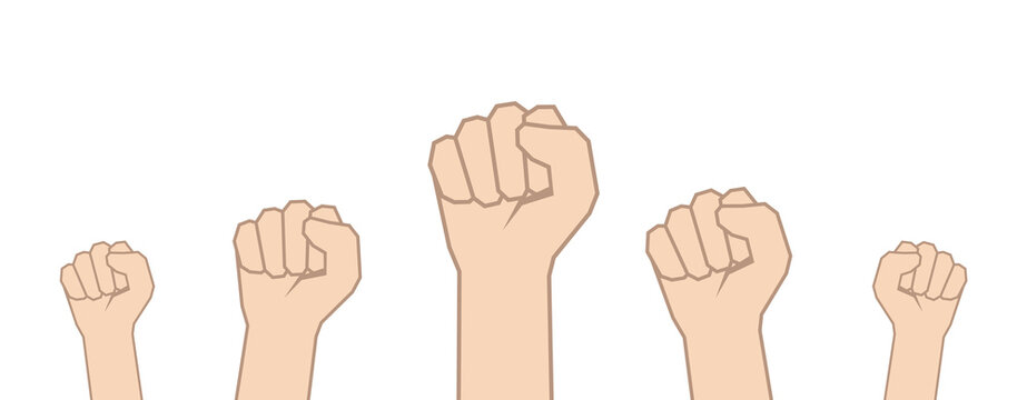 Vector illustration: set of Fists hands up on white background. Unity concept, revolution, fight, protest.