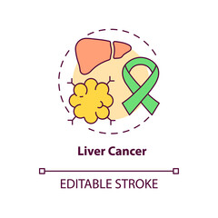 Liver cancer concept icon. Liver failure outcome idea thin line illustration. Hepatocellular carcinoma. Organ damage and scarring. Vector isolated outline RGB color drawing. Editable stroke