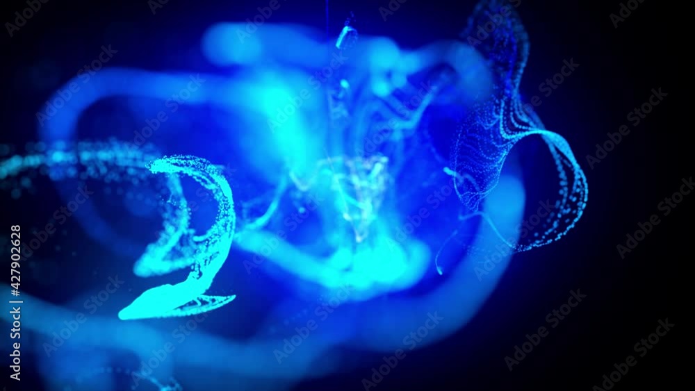 Poster injection of fluorescent blue ink in water in 4k. 3d render of glow particles in ink flow. luma matt