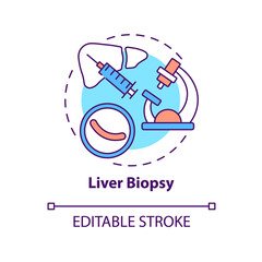 Liver biopsy concept icon. Liver diagnostics idea thin line illustration. Tissue sample collection. Disease indication under microscope. Vector isolated outline RGB color drawing. Editable stroke