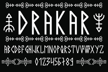 Scandinavian script, in capital letters in the style of nordic runes. Modern design. A magical rune font in the ethnic style of the northern peoples. Latin letters, numbers. Vector illustration.  - obrazy, fototapety, plakaty