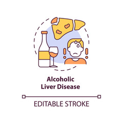 Alcoholic liver disease concept icon. Hepatitis disease idea thin line illustration. Excessive alcohol drinking. Inflamed and swollen organ. Vector isolated outline RGB color drawing. Editable stroke