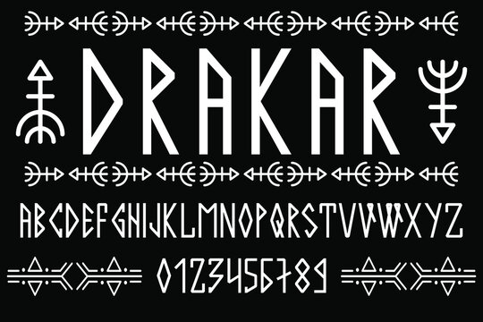 Scandinavian script, in capital letters in the style of nordic runes. Modern design. A magical rune font in the ethnic style of the northern peoples. Latin letters, numbers. Vector illustration. 