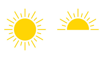 Yellow sun icon, sunshine full and sunrise or sunset. Decorative circle sun and sunlight. Hot solar energy for tan. Vector sign - obrazy, fototapety, plakaty