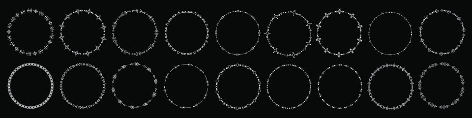 Set of round frames and monograms. Collection decorative circle borders. Abstract doodle. Rounds scribble line circles. Doodle circular logo design elements. Template labels, stickers, cards. Vector.