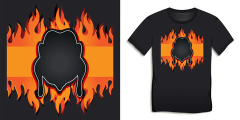 Graphic design of black BBQ and grill t-shirts, grilled chicken on fire, black board with chalk text blank