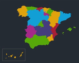Infographics Spain map, flat design colors, individual regions, blue background blank