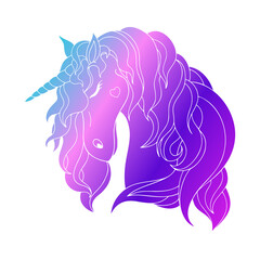 Vector illustration of a unicorn. Unicorn line art in beautiful style. Graphic element vector. Funny cartoon character. Silhouette vector. Cute illustration. Sketch illustration. Beauty logo.