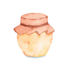 Watercolor hand drawing jar of honey isolated on white background. Nature. Bee product.