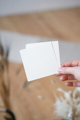Summer stationery still life. Closeup of blank card mock-up with dry leaf in boho interior. Grunge beige concrete background. Flat lay. Moody boho design
