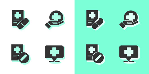 Set Map pointer with cross hospital, Medical prescription, and Cross medical icon. Vector