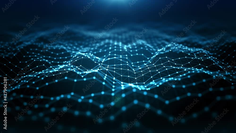Poster digital cyberspace futuristic, particles wave flowing with lines and dots connection, technology net