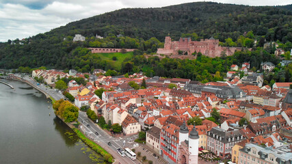 Aerial view of Heidelberg medieval skyline from drone, Germany