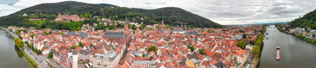 Naklejka na ściany i meble Aerial view of Heidelberg medieval skyline from drone, Germany