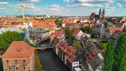 Naklejka na ściany i meble Aerial view of Nuremberg medieval skyline from drone, Germany