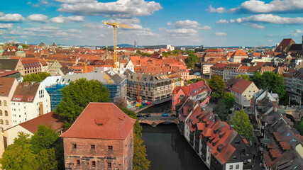 Naklejka na ściany i meble Aerial view of Nuremberg medieval skyline from drone, Germany