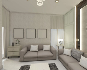 Modern living room interior with comfortable sofa cushion, side drawer and back wall paneling. Using lighting decoration. Interior living in scandinavian style. 3d rendering, 3d illustration.