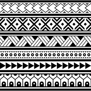 Polynesian ethnic Maori geometric seamless vector pattern, cool Hawaiian tribal fabric print or textile design in black and white
