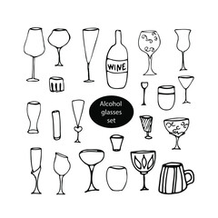 Vector doodle drink alcohol glasses set for kitchen, café, bar, restaurant, water, lemonade, juice, glasses for wine, champagne, vodka, cognac, brandy, cocktail, martini	