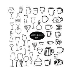 Vector doodle drink glasses set for kitchen, café, bar, restaurant, cups of tea, coffee, decanter for water, lemonade, juice, glasses for wine, champagne, vodka, cognac, brandy, cocktail, martini