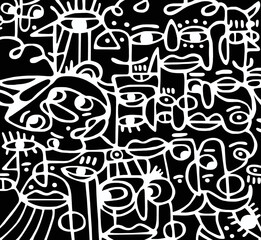 Black and white pattern of women's faces on a black background, abstract design