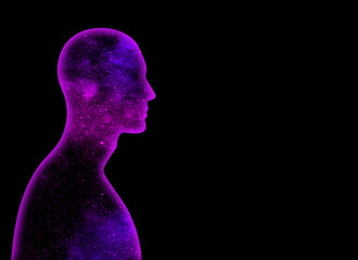 Purple and blue shining star universe in the shape of a man on a black background