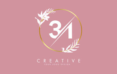 Number 31 3 1 logo design with golden circle and white leaves on branches around. Vector Illustration with numbers 3 and 1