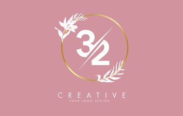 Number 32 3 2 logo design with golden circle and white leaves on branches around. Vector Illustration with numbers 3 and 2