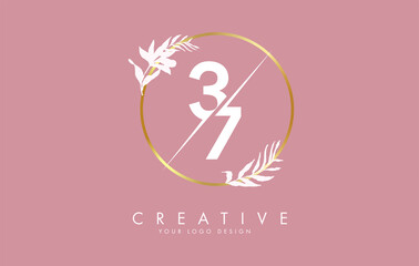 Numbers 37 3 7 logo design with golden circle and white leaves on branches around. Vector Illustration with numbers 3 and 7.