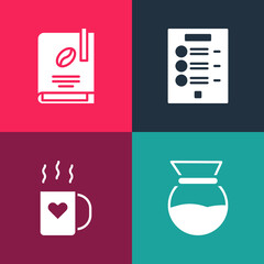 Set pop art Pour over coffee maker, Coffee cup and heart, menu and book icon. Vector