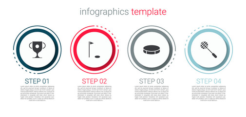 Set Award cup, Golf flag, Hockey puck and Tennis racket. Business infographic template. Vector