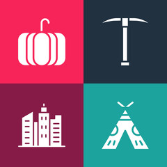 Set pop art Indian teepee or wigwam, City landscape, Pickaxe and Pumpkin icon. Vector