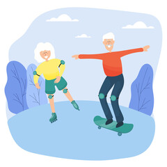 Elderly couple. Grandma on roller skates and grandfather on skateboard spend time together in the park