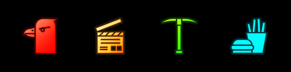 Set Eagle head, Movie clapper, Pickaxe and Burger and french fries icon. Vector