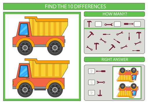 Find the 10 differences game. Children funny riddle worksheet with images trucks cars. Educational page. Game kids mathematical count game. Vector illustration.