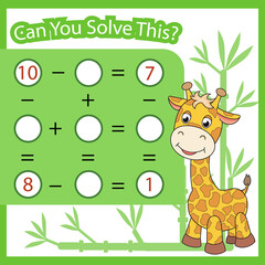 Kids education game with cute cartoon giraffe. Worksheet and activity page. Children mathematic worksheet. Vector illustration.