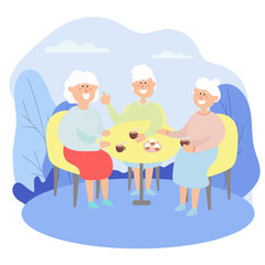 Elderly people chat in a cafe. Grandmothers spend leisure time together. Vector illustration.