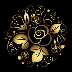 Gold ornament in a circle. Vector pattern in gold on a dark background. Floral ornament of flowers and leaves.